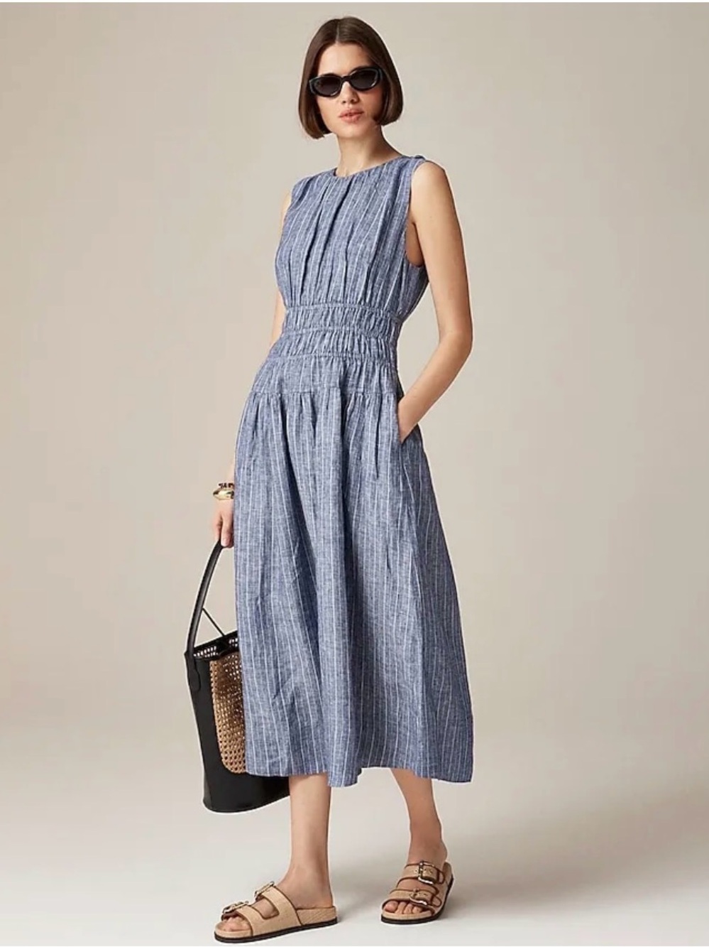 J. Crew Blue and White Pinstripe Sleeveless Smocked Waist Dress